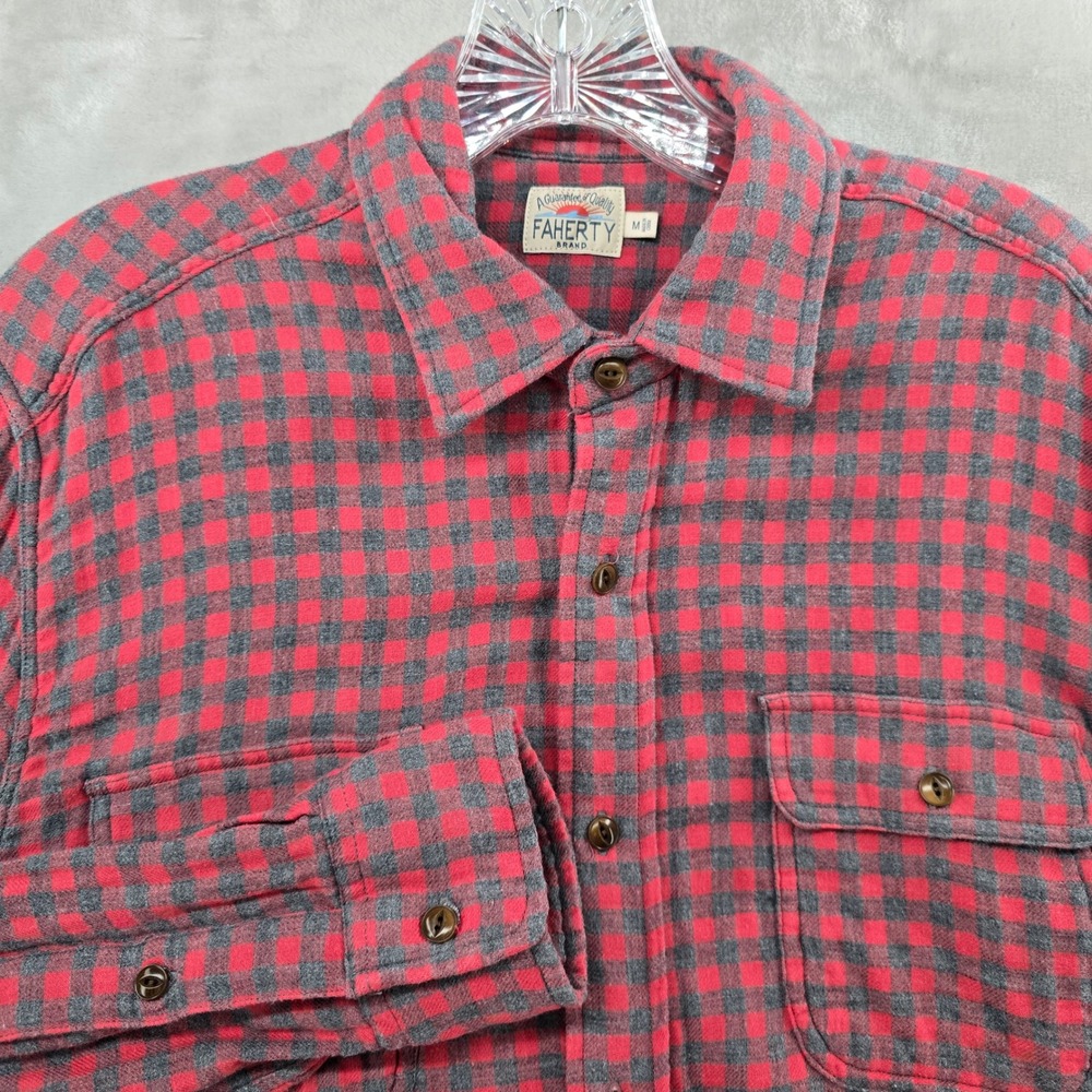 Faherty Button Down Shirt Mens Medium Red Gray Plaid Flannel Long Sleeve Cotton